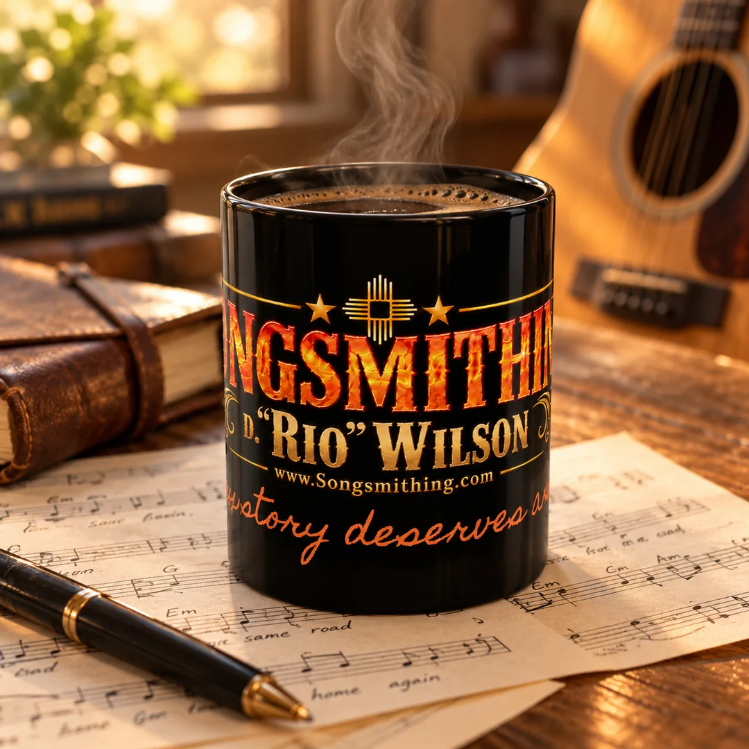 SongSmithing black coffee mug beside music notation and guitar