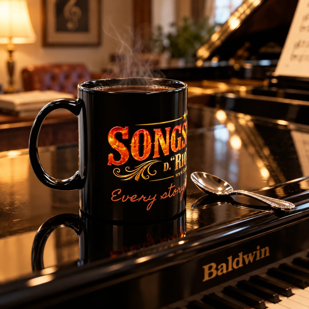 SongSmithing black mug with coffee sitting atop Baldwin grand piano